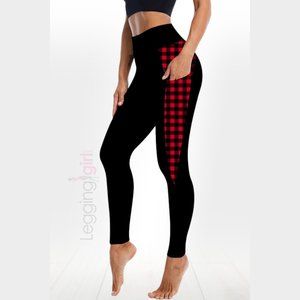 Solid Black with Buffalo Check Pockets - Wide Band ButterSoft Leggings One Size